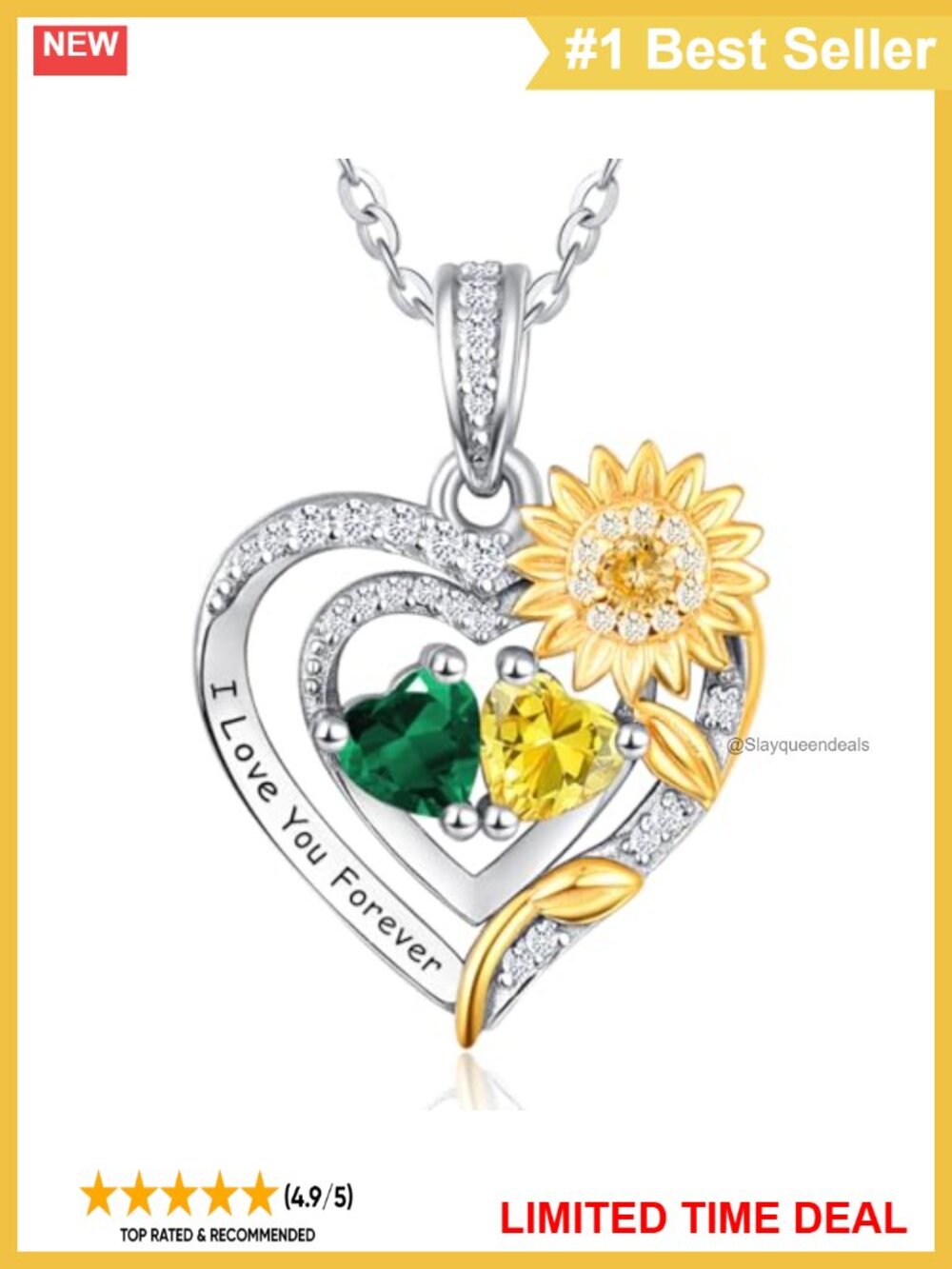 Zeuslia 925 Sterling Silver Sunflower Heart Pendant Necklace 2 Birthstones